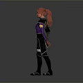 Woman with Red Hair Wearing Purple and Black Fitted Outfit Standing Pose
