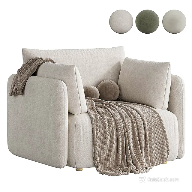 Comfortable Modern Beige Fabric Single Sofa With Soft Blanket And Decorative Pillows 3d model 