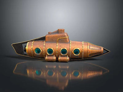 Copper Steampunk Submarine Model With Round Glass Windows And Mechanical Details 3d model