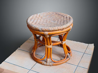 Handcrafted Rattan Stool With Round Woven Seat And Sturdy Curved Legs On Tile Floor 3d model