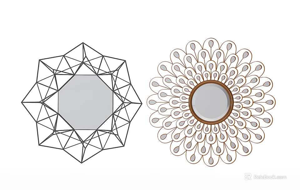 Decorative Wall Mirrors Featuring Intricate Geometric And Elegant Peacock Feather Designs 3d model