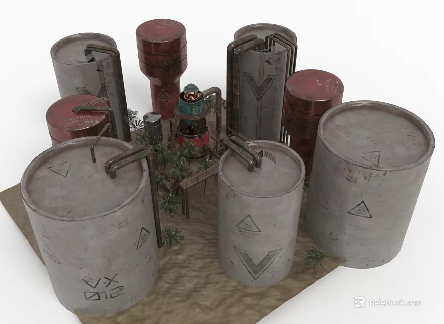 Electronic Appliances Storage Drums with Red Gray Colors and Symbols Near Plants and Structures 3d model 