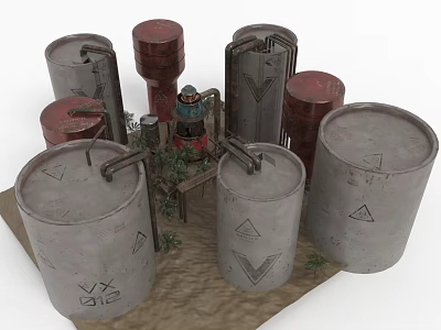 Electronic Appliances Storage Drums with Red Gray Colors and Symbols Near Plants and Structures 3d model