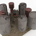 Electronic Appliances Storage Drums with Red Gray Colors and Symbols Near Plants and Structures