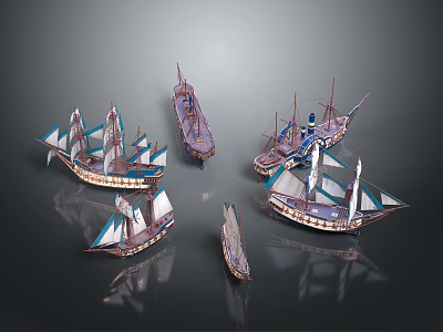 Vintage Sailing Ship Models Displayed With Multiple Sails Intricate Details And Various Designs 3d model