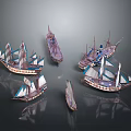 Vintage Sailing Ship Models Displayed With Multiple Sails Intricate Details And Various Designs