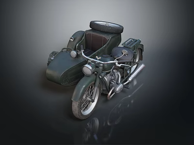 Vintage Green Motorcycle with Sidecar Classic Design Leather Seat and Headlight 3d model