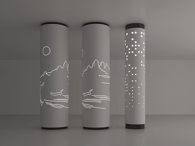 Modern Gray Pillars With White Line Art Mountains Moon Boats And Dot Patterns Black Borders 3d model