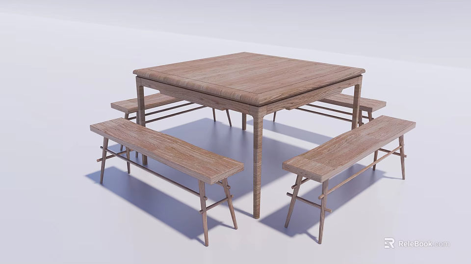 Rustic Wooden Square Dining Table Set With Matching Benches For Home 3d model