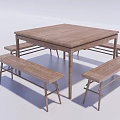Rustic Wooden Square Dining Table Set With Matching Benches For Home 3d model