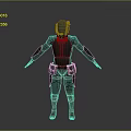 Futuristic Armored Character And Humanoid Creature With Helmet And Glowing Blue Eye In Dark Suit