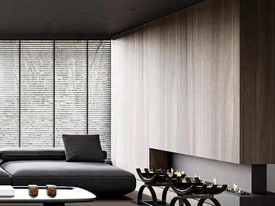 Modern Living Dining Room Interior With Wooden Walls Gray Sofa And Fireplace 3d model