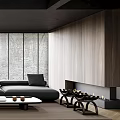 Modern Living Dining Room Interior With Wooden Walls Gray Sofa And Fireplace