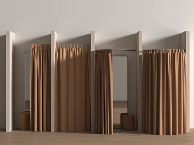 Brown Curtains As Room Dividers With Mirrors And Small Stools In Interior Space 3d model