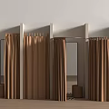 Brown Curtains As Room Dividers With Mirrors And Small Stools In Interior Space