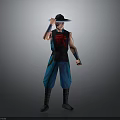 Man In Martial Arts Costume With Wide Brimmed Hat Red Symbol And Blue Pants