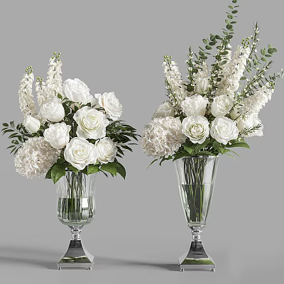 White Roses Hydrangeas And Delphiniums In Clear Glass Vases With Green Leaves 3d model