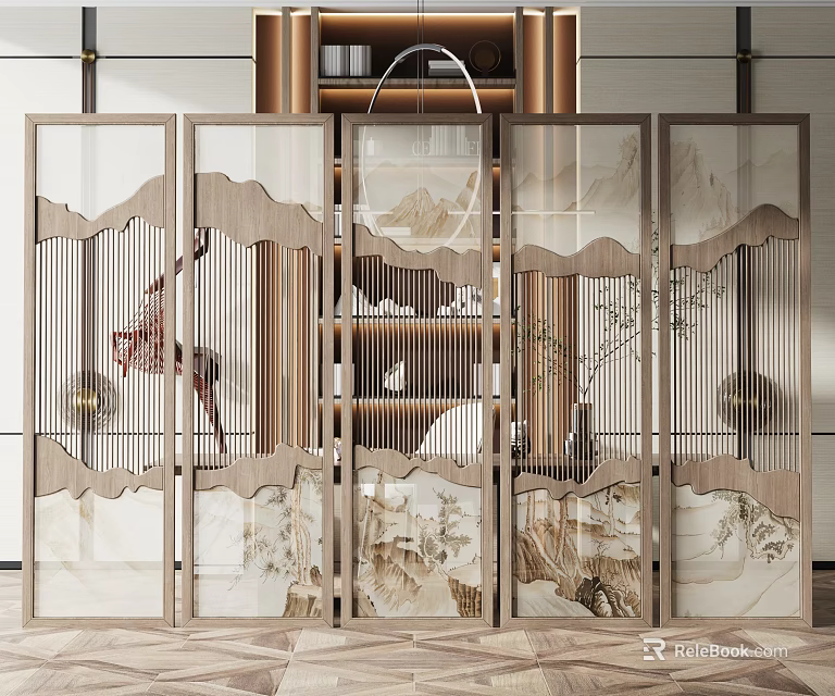 Modern Interior Decorative Screen Featuring Mountain Pattern And Glass Panels 3d model