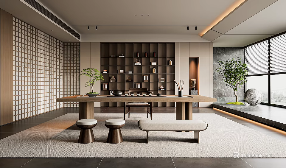 Modern Tea Room Interior Design With Long Wooden Table Stools Bookshelf Wall And Green Plants 3d model 
