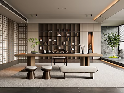 Modern Tea Room Interior Design With Long Wooden Table Stools Bookshelf Wall And Green Plants 3d model