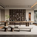 Modern Tea Room Interior Design With Long Wooden Table Stools Bookshelf Wall And Green Plants