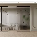 Modern Glass Room Divider With Black Frame Arched Design And Sofa Plant In Decorative Interior