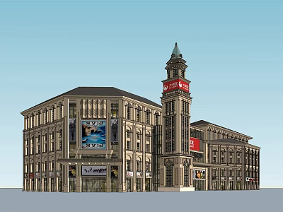 Classical Style Multi story Commercial Complex With Clock Tower And Billboards 3d model