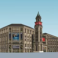 Classical Style Multi story Commercial Complex With Clock Tower And Billboards 3d model