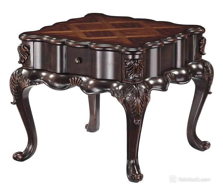 Dark Classic Side Table With Carved Legs Inlaid Top And Single Drawer Design 3d model 