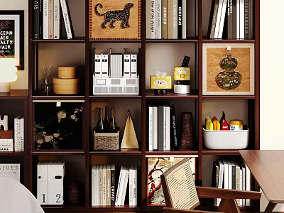 Stylish Modern Bookshelf With Books Leopard Art Storage Boxes And Decorative Ornaments 3d model