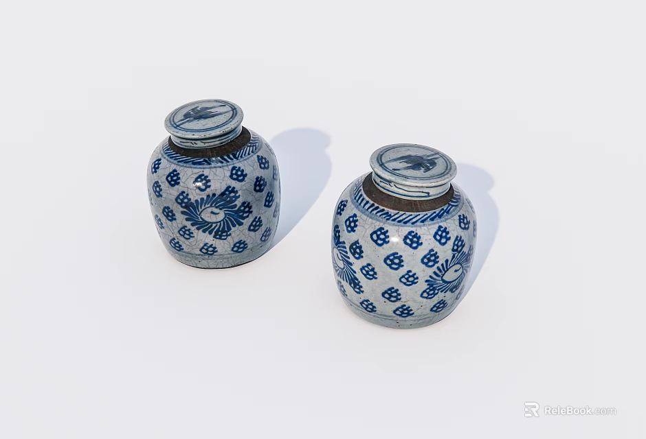 Two Ceramic Jars with Blue and White Traditional Patterns for Home Decor 3d model