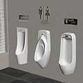 Three White Wall Mounted Urinals In Public Restroom With Window Blinds And Signs