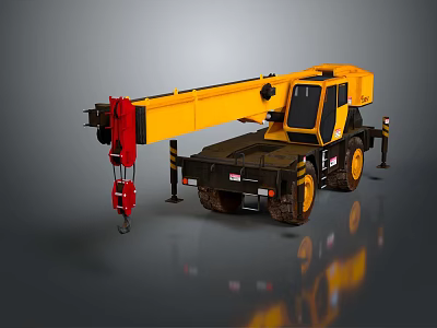 Heavy Duty Yellow Mobile Crane With Extended Boom Red Hook and Large Tires 3d model