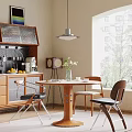 Modern Wooden Dining Table Set with Pendant Light Vase Flowers and Kitchen Cabinets