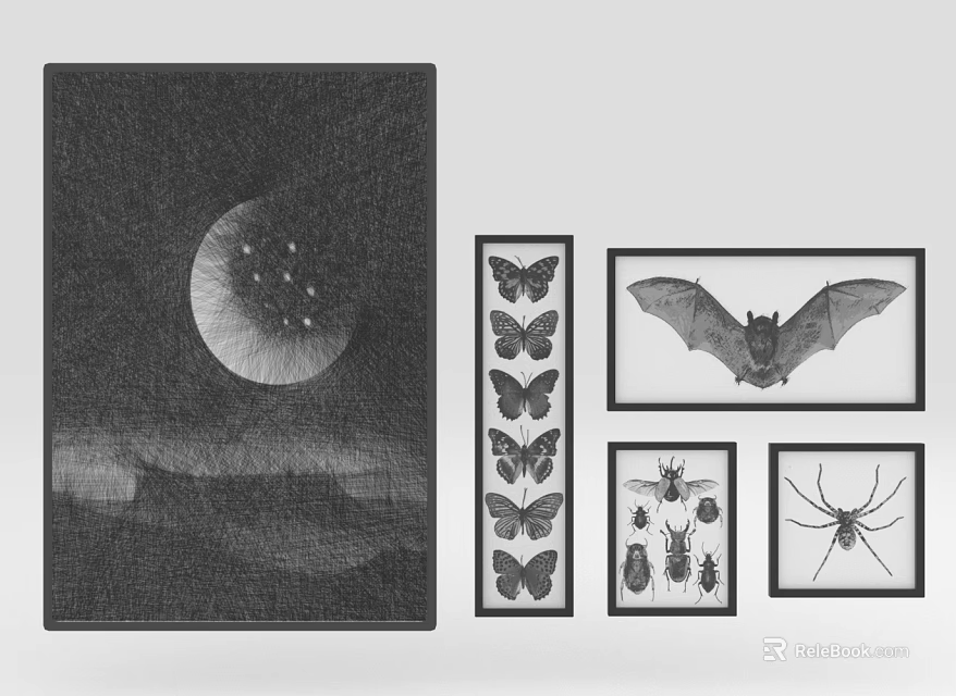 Art Prints With Moon Star Mountain Design And Framed Insect Bat Illustrations 3d model 