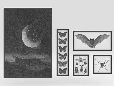 Art Prints With Moon Star Mountain Design And Framed Insect Bat Illustrations 3d model