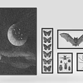 Art Prints With Moon Star Mountain Design And Framed Insect Bat Illustrations