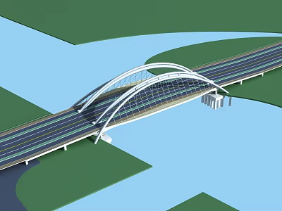 Modern Arch Bridge Design With Multi Lane Road Over Blue River And Green Landscapes 3d model