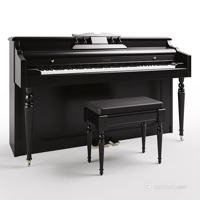 Elegant Black Upright Piano Musical Instrument With Matching Piano Bench And Shiny Keys 3d model 