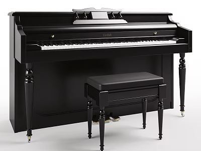 Elegant Black Upright Piano Musical Instrument With Matching Piano Bench And Shiny Keys 3d model
