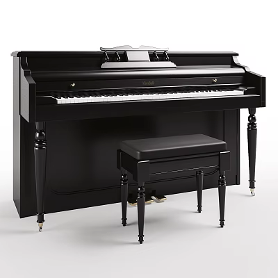 Elegant Black Upright Piano Musical Instrument With Matching Piano Bench And Shiny Keys 3d model