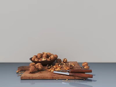 Wooden Cutting Board With Walnuts Bowl Nutcracker And Cinnamon Sticks On Gray Background 3d model