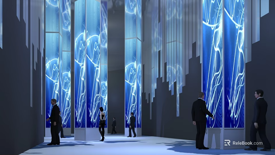 Modern Blue Light Columns Interior With Abstract Patterns And People Walking 3d model 