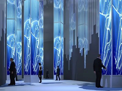 Modern Blue Light Columns Interior With Abstract Patterns And People Walking 3d model