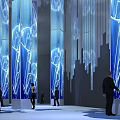 Modern Blue Light Columns Interior With Abstract Patterns And People Walking 3d model