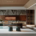 Modern Tea Room Interior With Wooden Ceiling Stone Wall Long Table And Green Stools