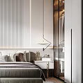 Modern Minimalist Bedroom With Striped Wall Long Pendant Light Nightstand Vase Books And Decorative Pillows