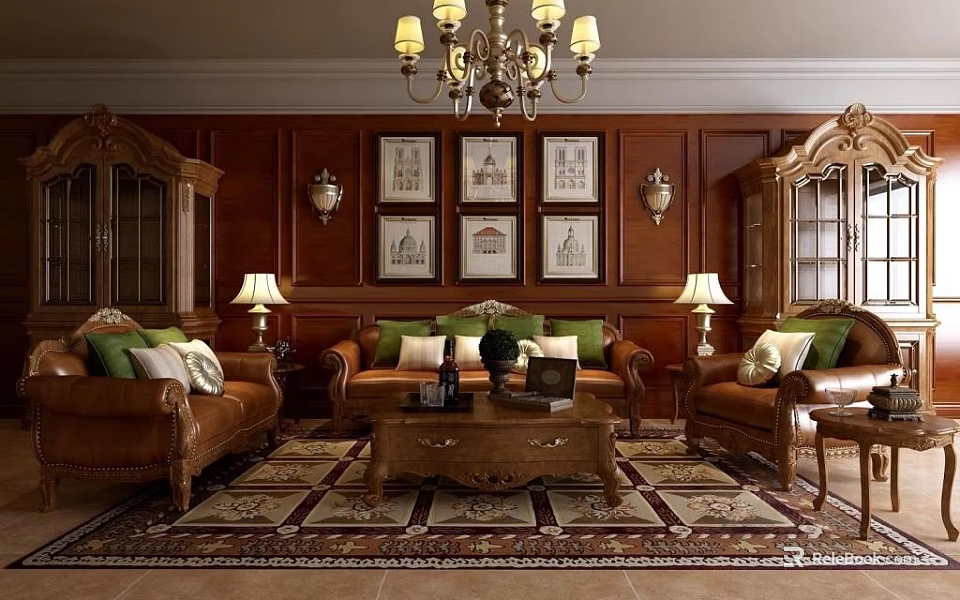 Traditional Living Room Interior with Brown Leather Sofas Coffee Table Chandelier and Ornate Rug 3d model 
