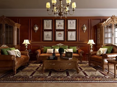 Traditional Living Room Interior with Brown Leather Sofas Coffee Table Chandelier and Ornate Rug 3d model
