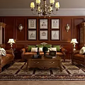 Traditional Living Room Interior with Brown Leather Sofas Coffee Table Chandelier and Ornate Rug